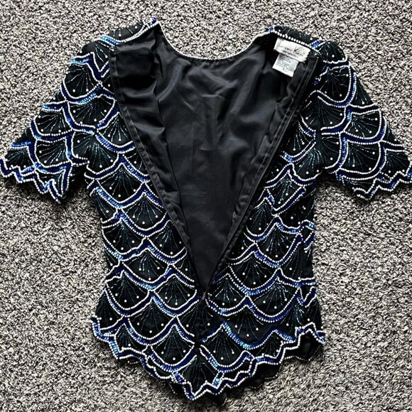 Vintage Laurence Kazan Blouse Womens Small Black 100% Silk, Sequin Detailing - Picture 5 of 8